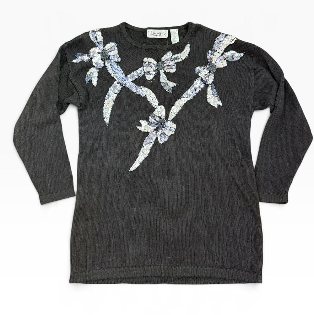 Vintage Trimmings Sweater Black Sequins Beads Christmas Holiday Retro Glam Med